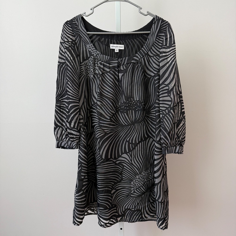 Christopher Deane Silk Blend Lagenlook Moody Floral Shift Dress 4 Black Grey